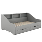 Struttura letto a giorno (daybed) da una piazza e mezza (twin) a matrimoniale (king size) con librerie integrate e due cassetti, design con ricarica