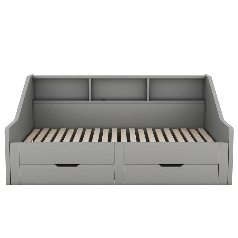 Struttura letto a giorno (daybed) da una piazza e mezza (twin) a matrimoniale (king size) con librerie integrate e due cassetti, design con ricarica