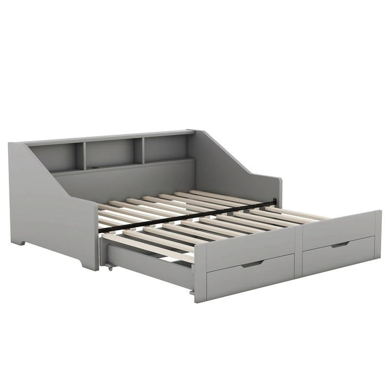 Struttura letto a giorno (daybed) da una piazza e mezza (twin) a matrimoniale (king size) con librerie integrate e due cassetti, design con ricarica