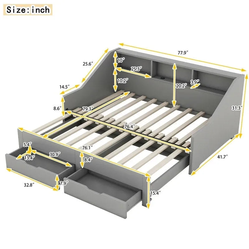 Struttura letto a giorno (daybed) da una piazza e mezza (twin) a matrimoniale (king size) con librerie integrate e due cassetti, design con ricarica