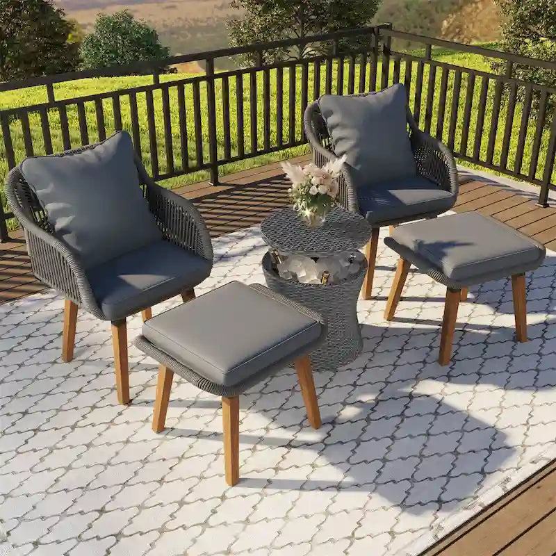 Set da conversazione da patio 5 pezzi con tavolino bar refrigerato e pouf