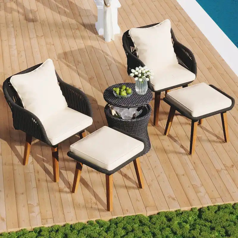 Ensemble de conversation de patio 5 pièces avec table de bar réfrigérante et poufs