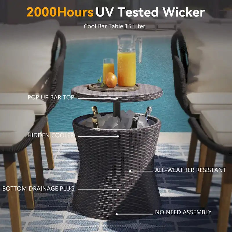 Set da conversazione da patio 5 pezzi con tavolino bar refrigerato e pouf