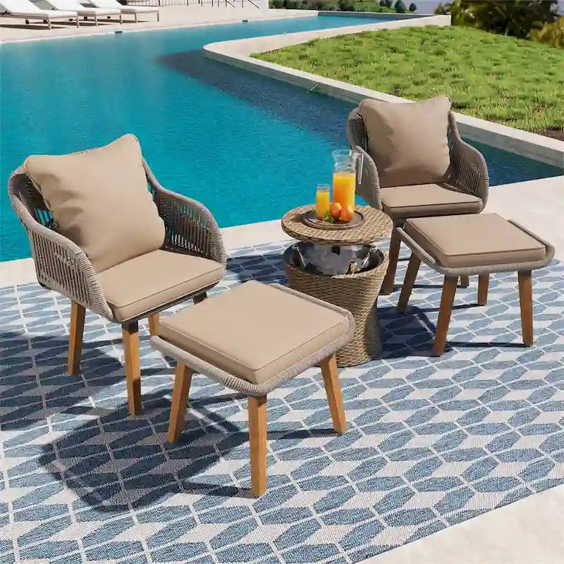 Set da conversazione da patio 5 pezzi con tavolino bar refrigerato e pouf