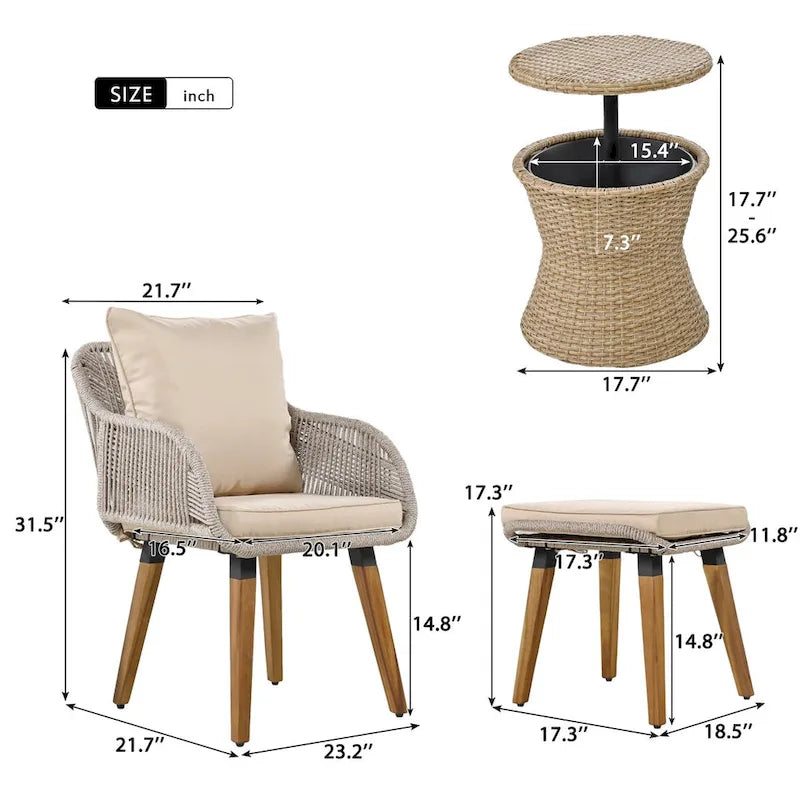 Set da conversazione da patio 5 pezzi con tavolino bar refrigerato e pouf