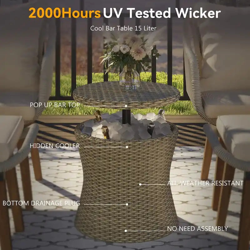 Set da conversazione da patio 5 pezzi con tavolino bar refrigerato e pouf