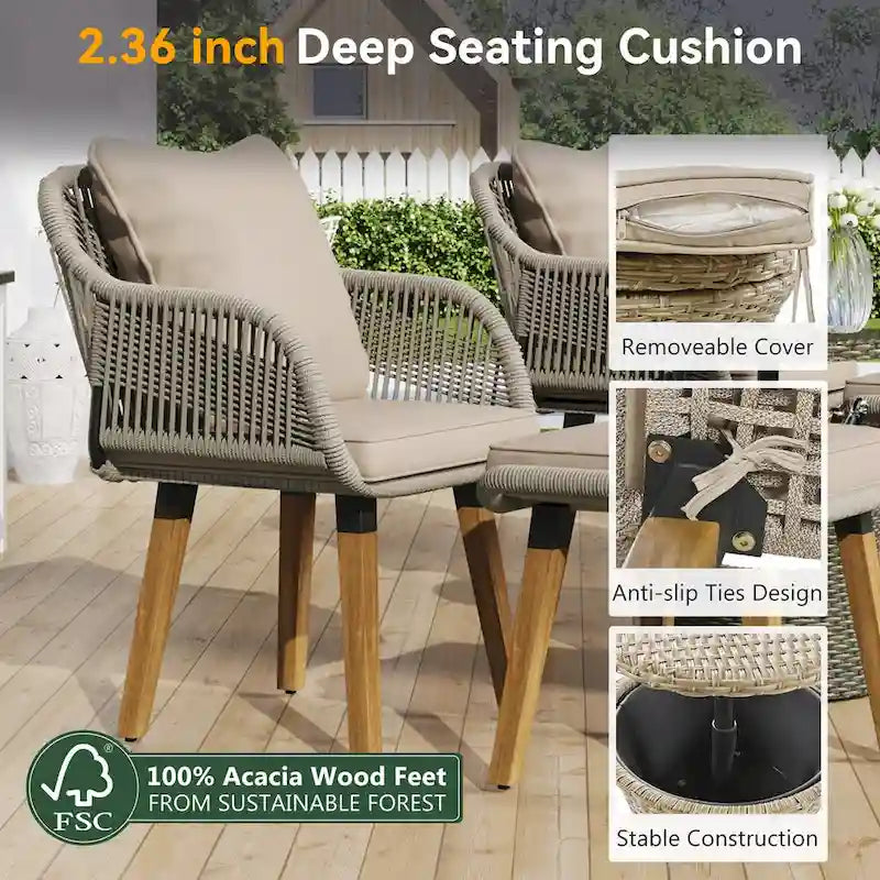 Set da conversazione da patio 5 pezzi con tavolino bar refrigerato e pouf