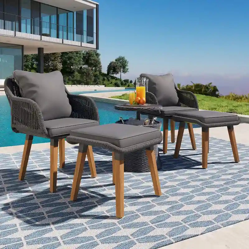 Set da conversazione da patio 5 pezzi con tavolino bar refrigerato e pouf