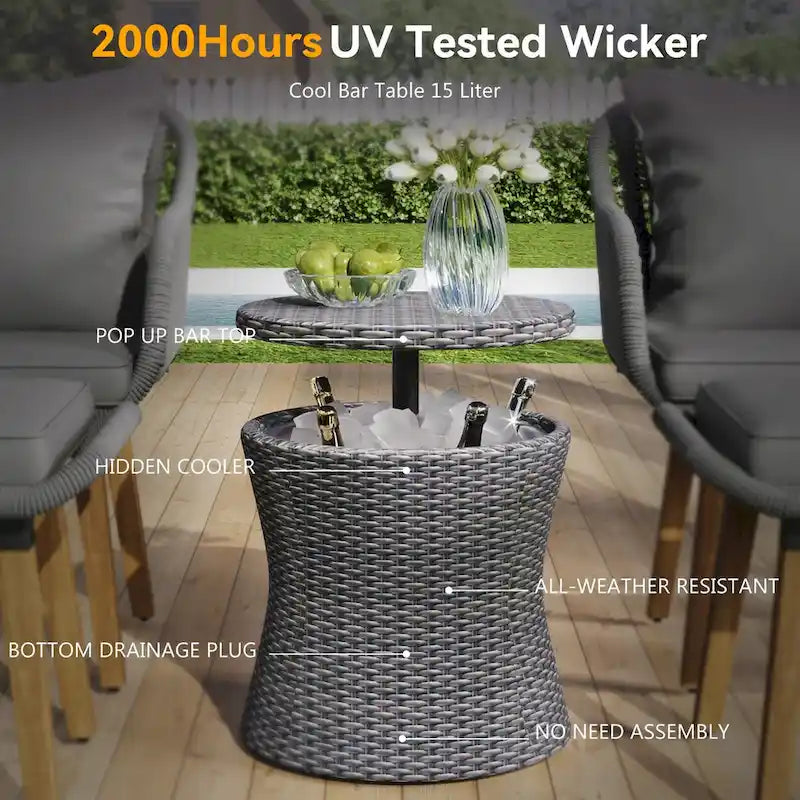 Set da conversazione da patio 5 pezzi con tavolino bar refrigerato e pouf