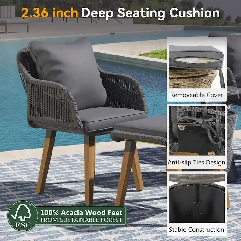 Set da conversazione da patio 5 pezzi con tavolino bar refrigerato e pouf