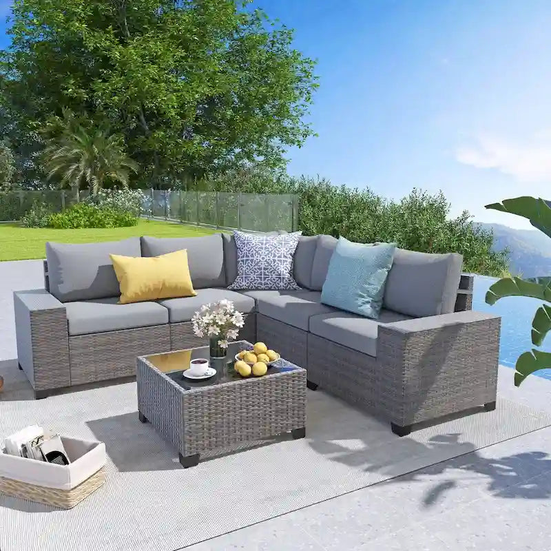 Set da conversazione per patio in vimini combinabile da 6 pezzi con cuscini doppi e fodere
