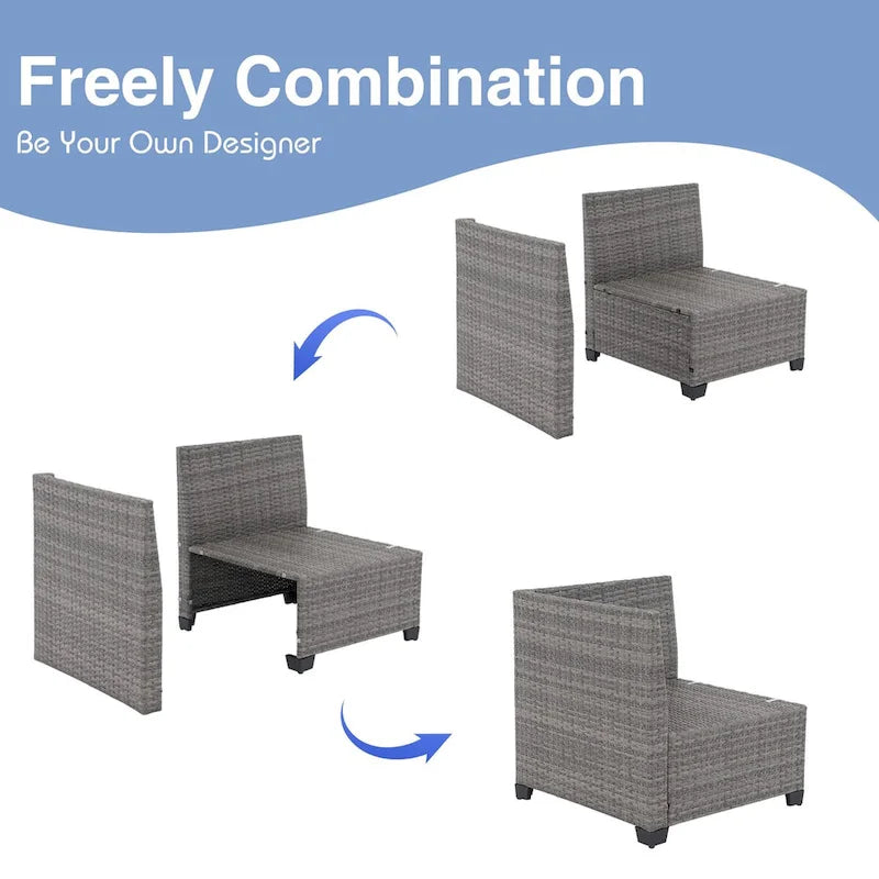 Set da conversazione per patio in vimini combinabile da 6 pezzi con cuscini doppi e fodere