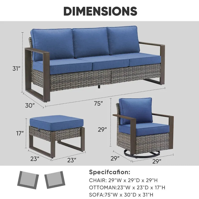 Divano Sezionale da Esterno con Poltrona Girevole, Pouf - Grigio