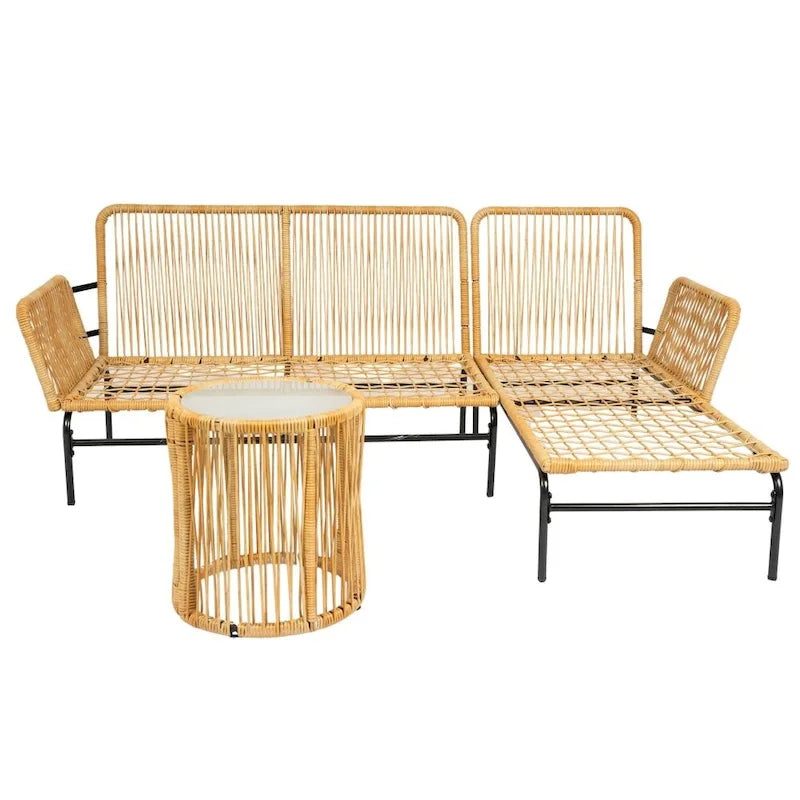 Set di mobili da esterno in vimini da 3 pezzi con tavolo e sedie con cuscini spessi 8 cm, set divano da esterno