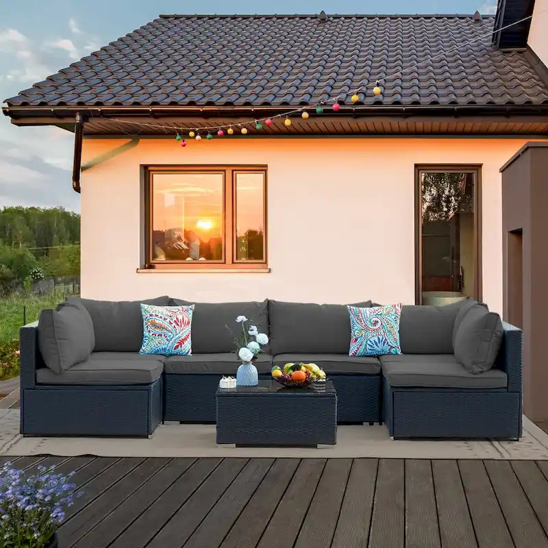 Divano Sezionale in Rattan Intrecciato da Esterno, 7 Pezzi, Grigio
