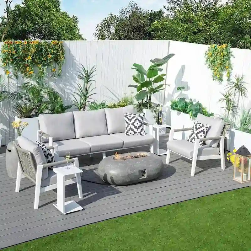 Set Divano Conversazione da Patio a 7 Pezzi in Alluminio con Tavolo Focolare Ovale in Cemento