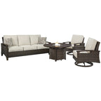 Signature Design by Ashley Paradise Trail Medium Brown/Beige Outdoor Sofa, Lounge Chairs and Fire Pit Table - 84W x 34D x 37H