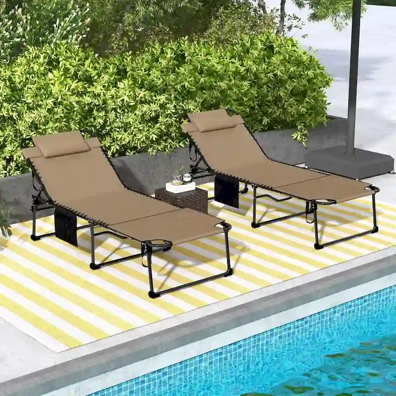 2 Piece Folding Chaise Lounge w/ 5-level Reclining Back, Reading Hole