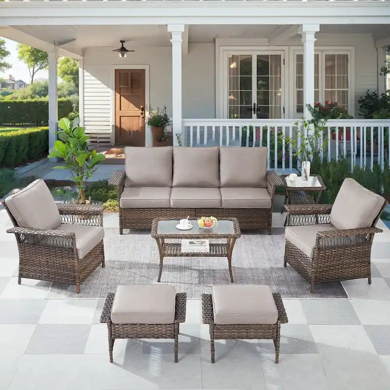 2 Club Chair,2 Ottoman, 3-seat Sofa and Coffee Table - Brown