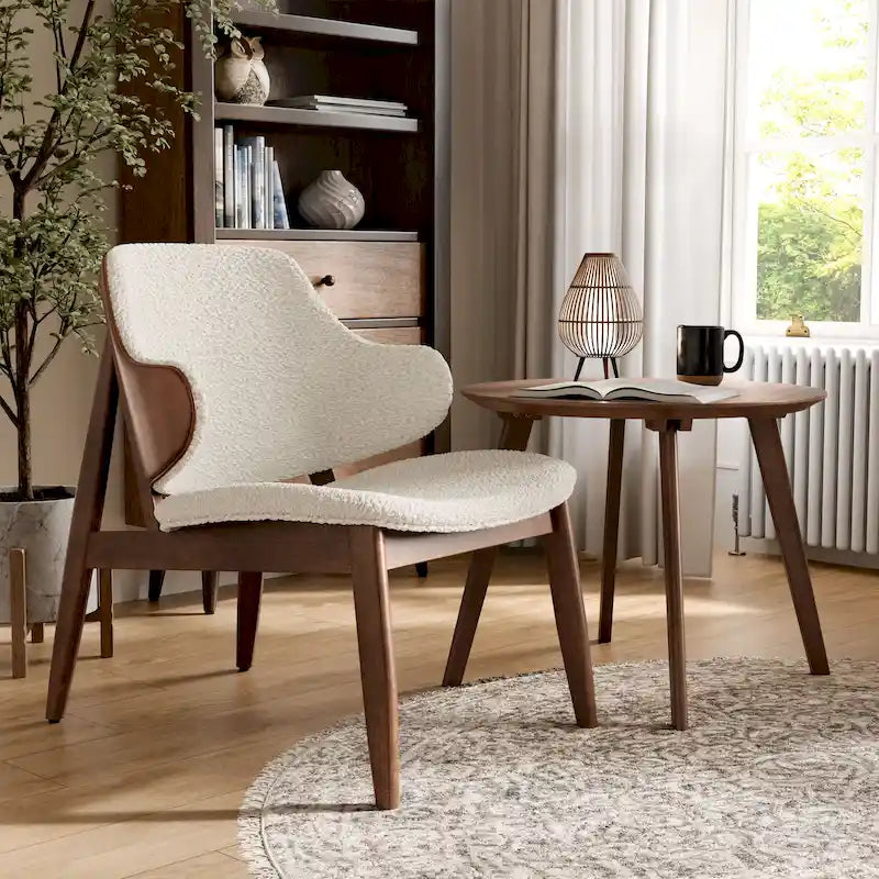 Set composto da sedia accent con schienale ad ala e tavolino Furniture of America Beck, due pezzi, in noce e bouclé, stile metà secolo