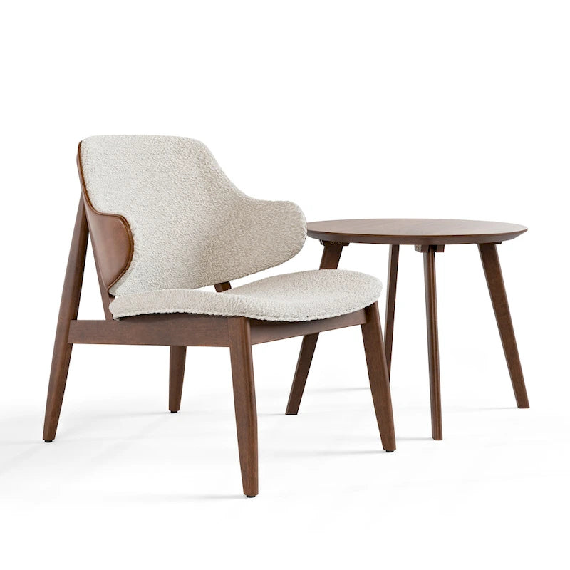 Set composto da sedia accent con schienale ad ala e tavolino Furniture of America Beck, due pezzi, in noce e bouclé, stile metà secolo