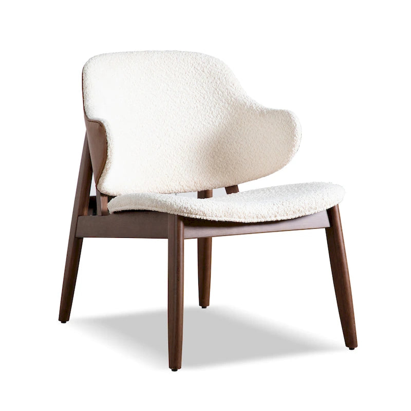 Set composto da sedia accent con schienale ad ala e tavolino Furniture of America Beck, due pezzi, in noce e bouclé, stile metà secolo