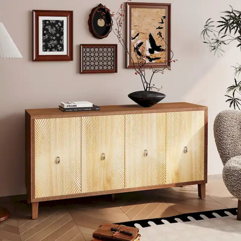 Bahut de rangement vintage à 4 portes, Buffet de salle à manger sculpté à motif aléatoire, Grand buffet avec étagères réglables, Meuble console