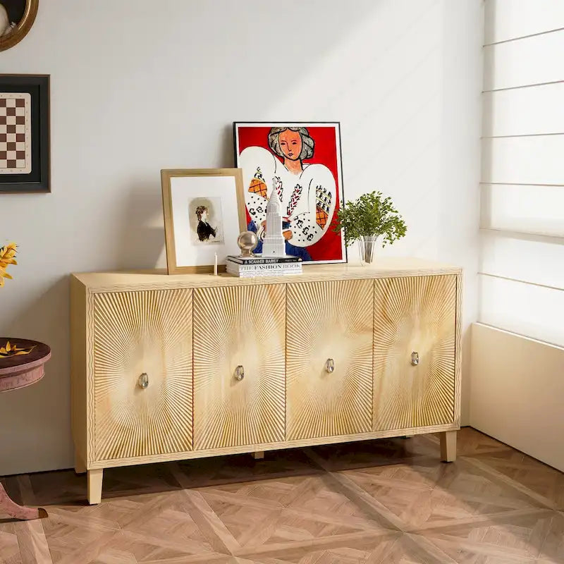 Vintage 4 Door Storage Cabinet, Carved Scatter Pattern Dining Sideboard, Large Buffet with Adjustable Shelves, Console Cabinet