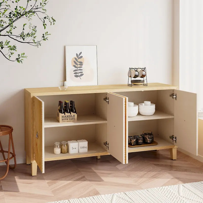 Credenza vintage a 4 ante, mobile contenitore con motivo intagliato, grande buffet con ripiani regolabili, mobile consolle