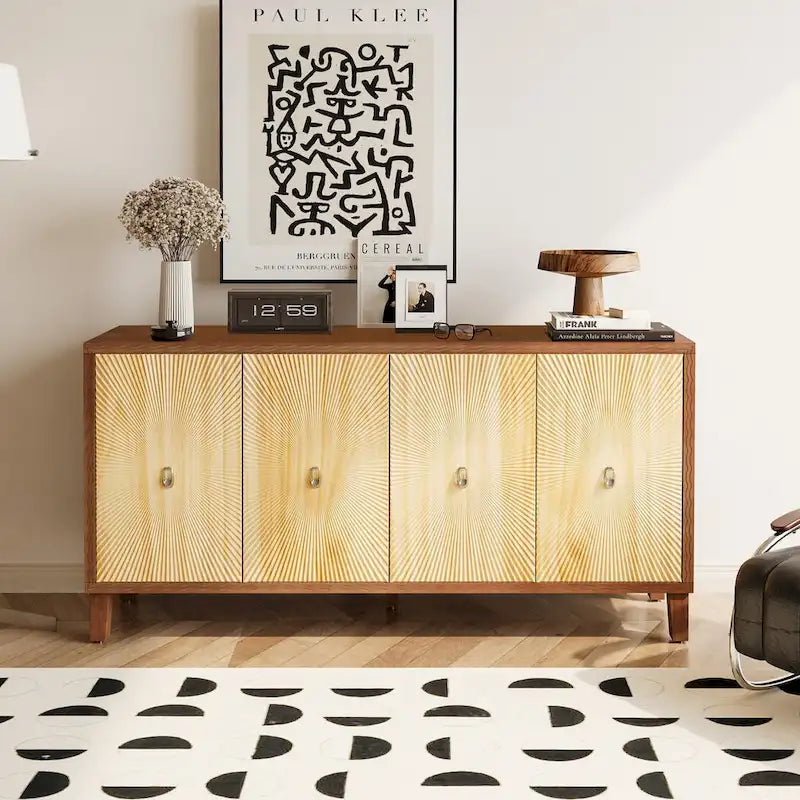 Credenza vintage a 4 ante, mobile contenitore con motivo intagliato, grande buffet con ripiani regolabili, mobile consolle