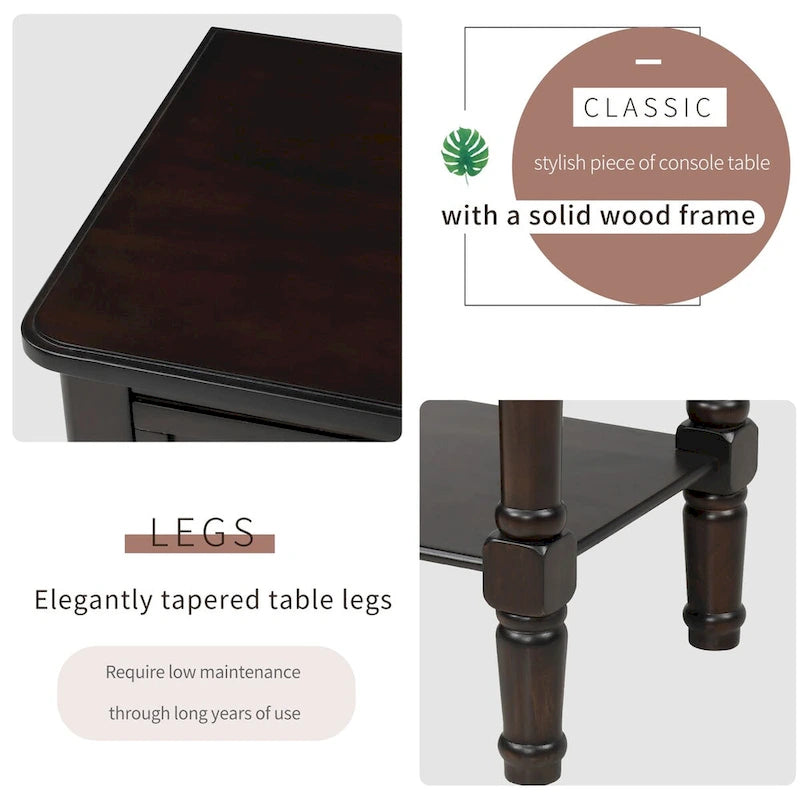Tavolo Consolle/Tavolino da Divano Stretto e Sottile Esspreso con 3 Cassetti e 1 Ripiano Inferiore - 60.2L x 33W x 79H cm