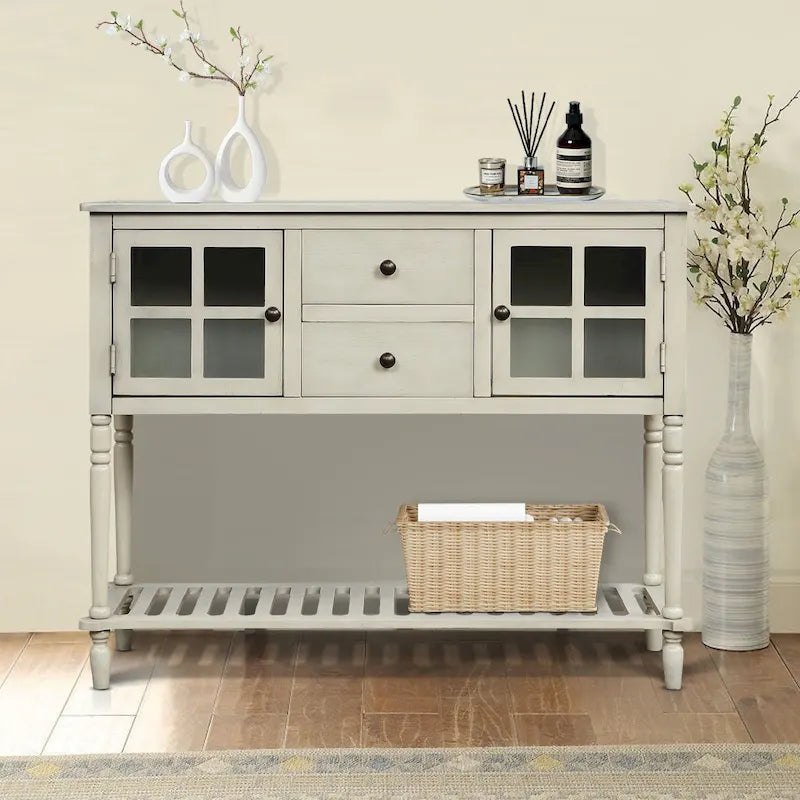 Consolle vintage francese in legno con due ante a vetrina