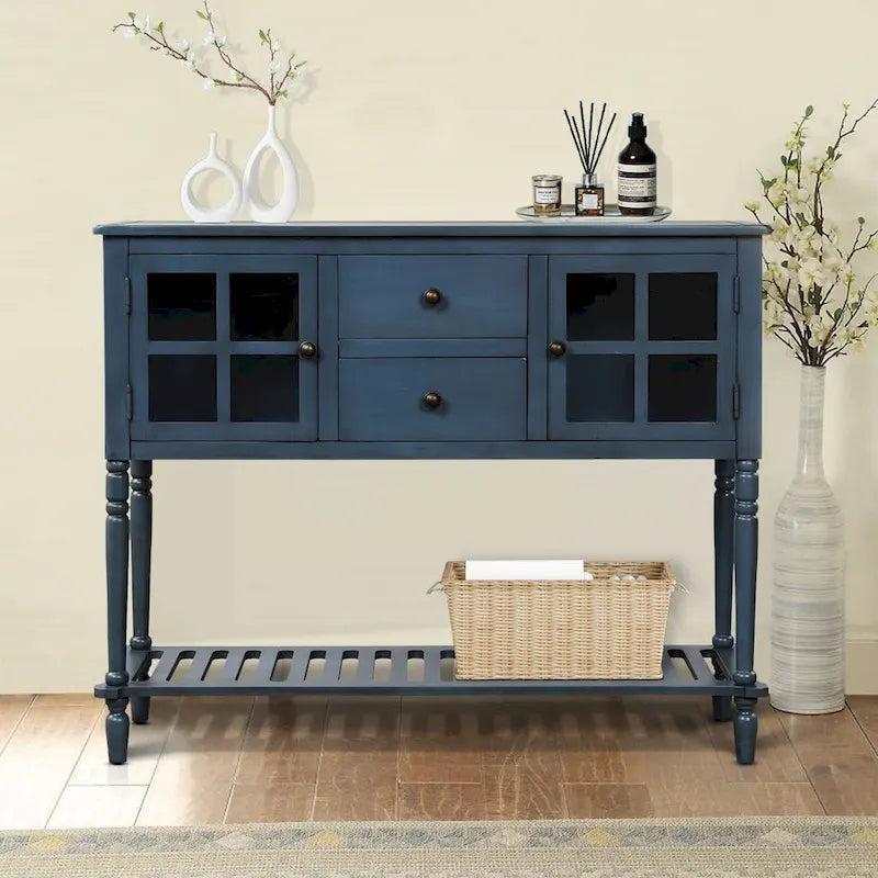 Consolle vintage francese in legno con due ante a vetrina