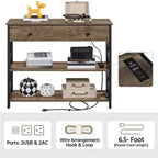 Yaheetech Tavolo Consolle Vintage in Legno con Presa di Corrente, Tavolo da Divano con 1 Cassetto e 2 Ripiani Aperti