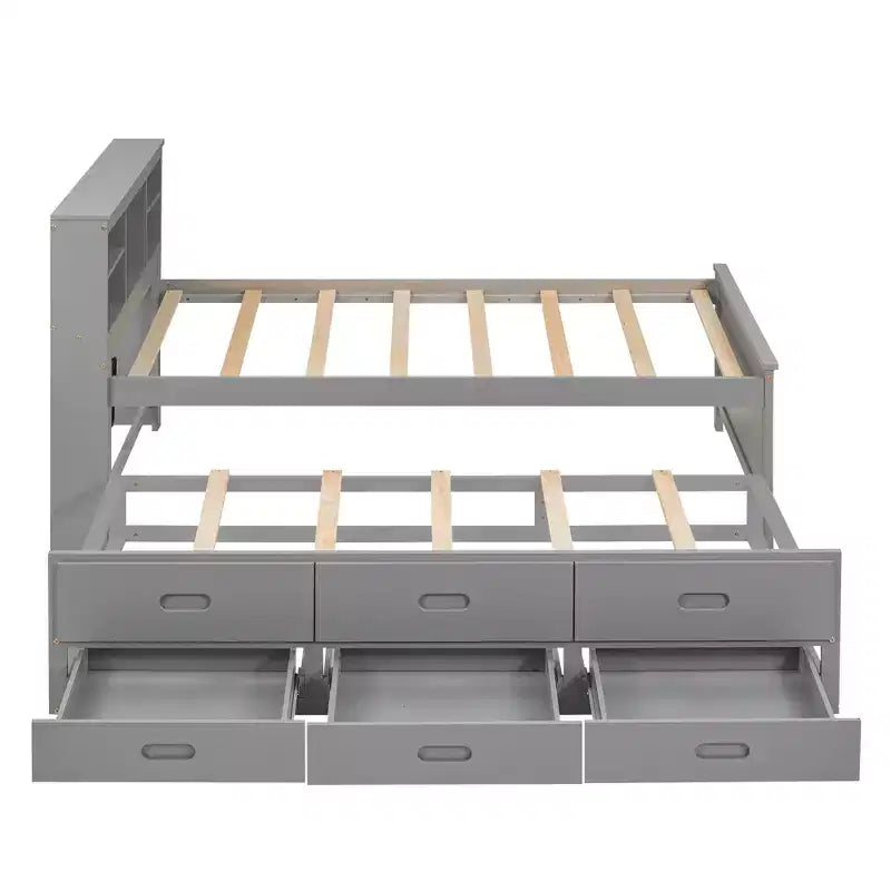 Letto a piattaforma con letto estraibile e cassetti, Letto a piattaforma contenitore con USB, Letto a piattaforma in legno con libreria