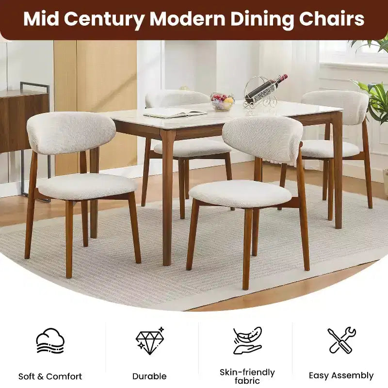 Set di 4 sedie da pranzo, sedie da pranzo imbottite moderne di metà secolo, sedie da cucina in stile rustico con seduta in tessuto imbottito e gambe in legno, beige