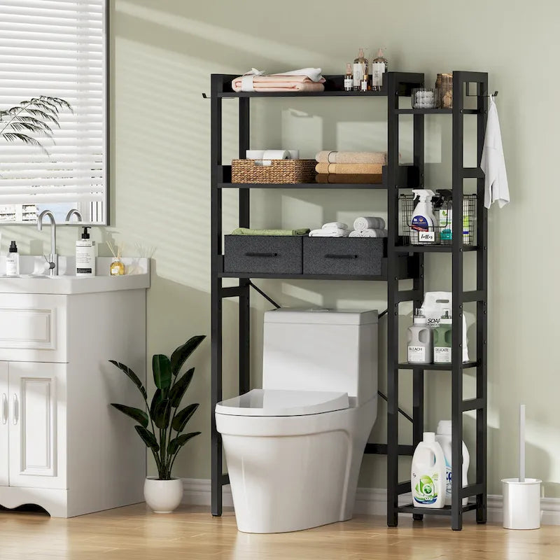 Mensola portaoggetti da 31 W sopra il WC con 2 cassetti e 4 ganci per bagno e lavanderia