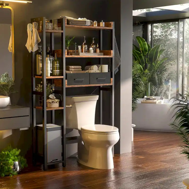 Mensola portaoggetti da 31 W sopra il WC con 2 cassetti e 4 ganci per bagno e lavanderia