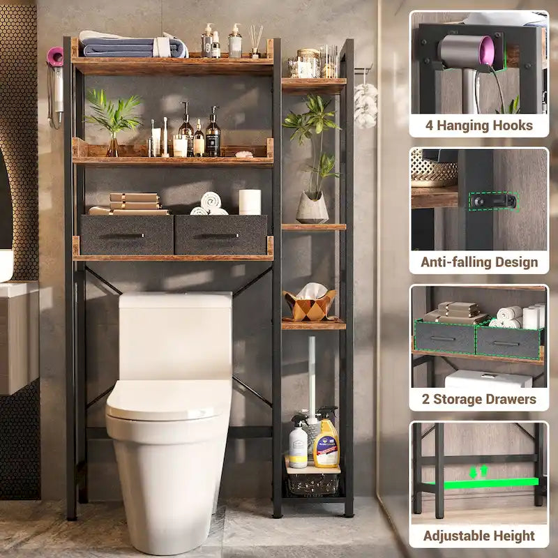 Mensola portaoggetti da 31 W sopra il WC con 2 cassetti e 4 ganci per bagno e lavanderia