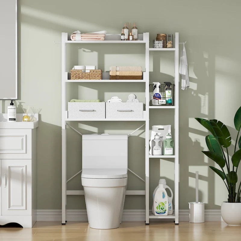 Mensola portaoggetti da 31 W sopra il WC con 2 cassetti e 4 ganci per bagno e lavanderia