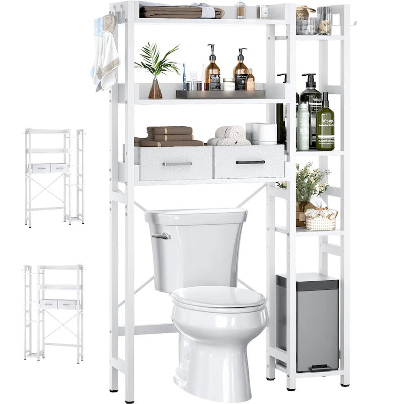 Mensola portaoggetti da 31 W sopra il WC con 2 cassetti e 4 ganci per bagno e lavanderia