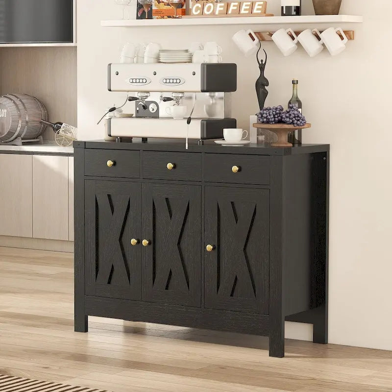 Madia da Cucina Credenza con Armadietto, Mobile Contenitore per Caffè, Dispensa con 3 Cassetti e Ripiano Regolabile