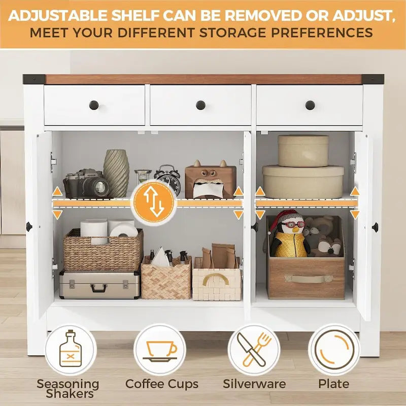 Madia da Cucina Credenza con Armadietto, Mobile Contenitore per Caffè, Dispensa con 3 Cassetti e Ripiano Regolabile