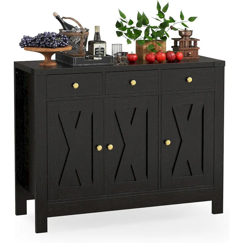 Madia da Cucina Credenza con Armadietto, Mobile Contenitore per Caffè, Dispensa con 3 Cassetti e Ripiano Regolabile