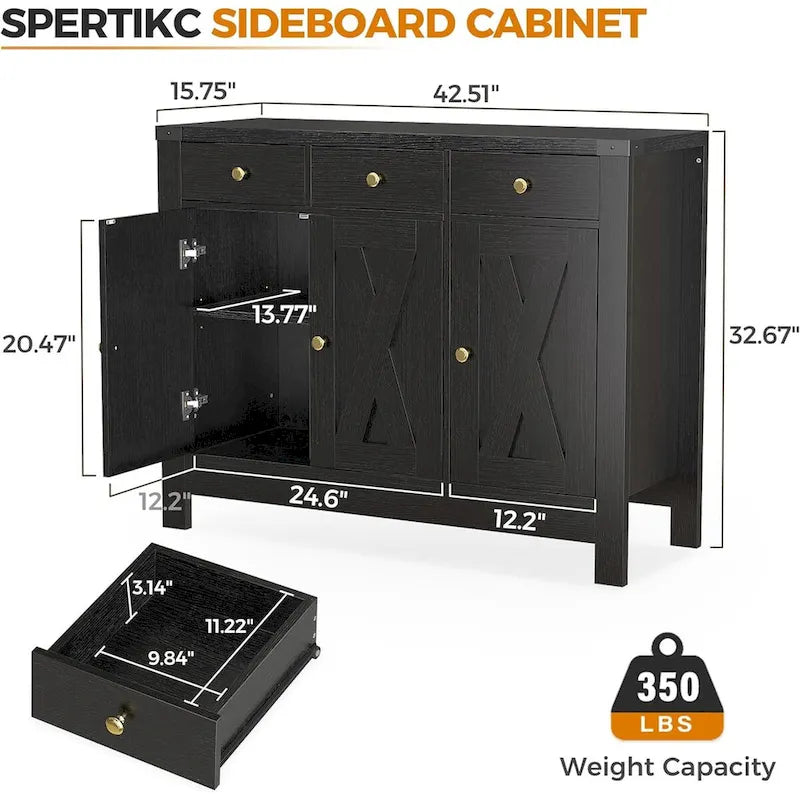 Madia da Cucina Credenza con Armadietto, Mobile Contenitore per Caffè, Dispensa con 3 Cassetti e Ripiano Regolabile