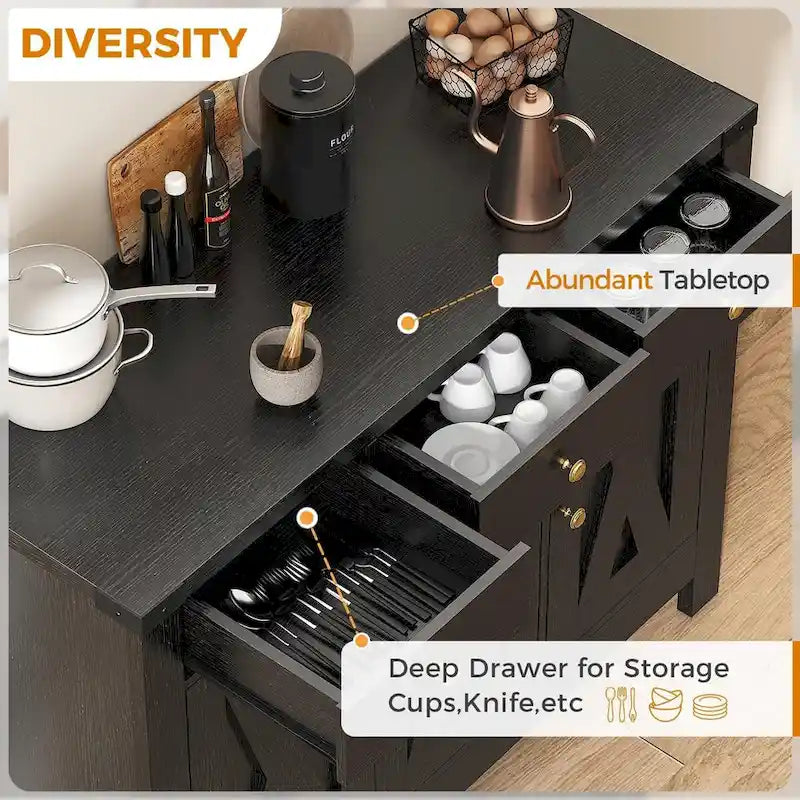 Madia da Cucina Credenza con Armadietto, Mobile Contenitore per Caffè, Dispensa con 3 Cassetti e Ripiano Regolabile
