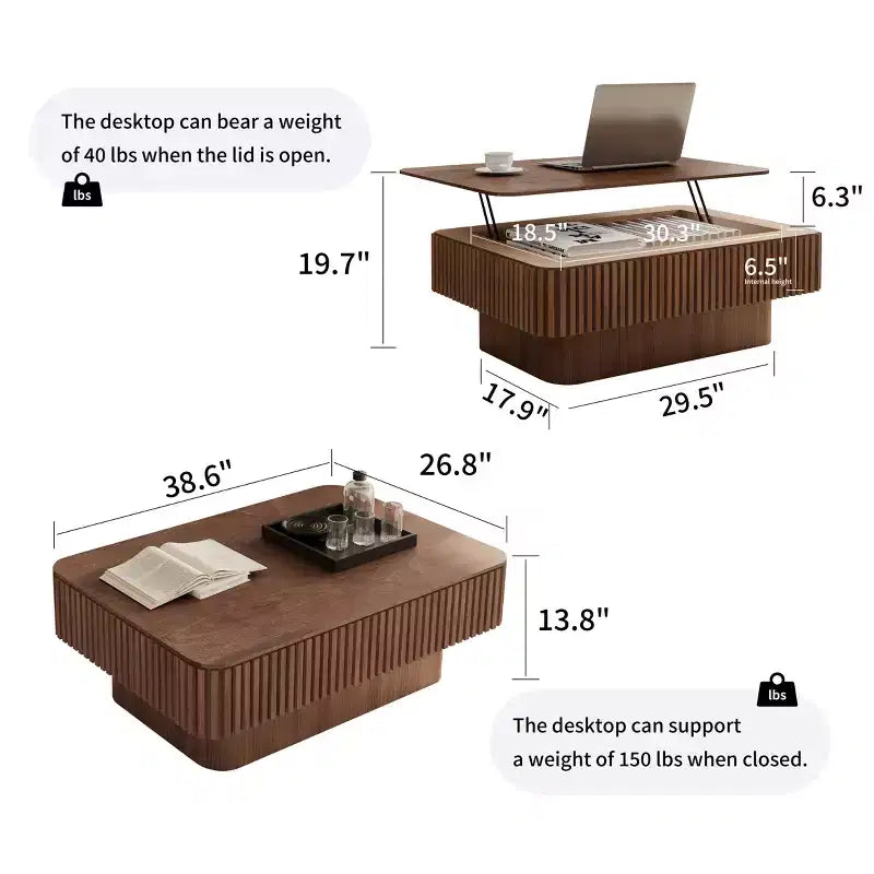 JVNOXK 38.6'' Tavolino da caffè con piano sollevabile e scanalature, con spazio contenitivo, impiallacciatura in legno massello, altezza regolabile, tavolino moderno per soggiorno, camera da letto, noce