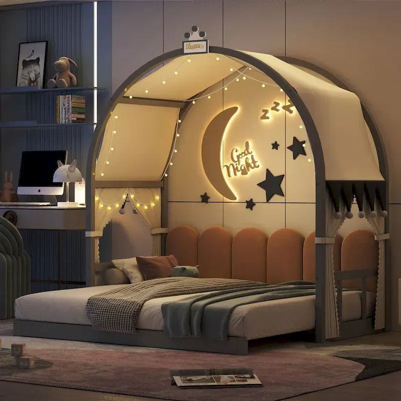 Letto a piattaforma in legno massiccio a forma di casetta, letto Montessori a terra con tetto ad arco e letto estraibile per bambine e bambini