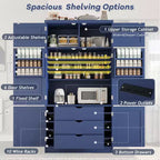 Dispensa Alta da Cucina con Prese di Corrente, Grande Credenza Autoportante con Supporto per Microonde, Cassetti, Scaffali, Portabottiglie e Ante con Ripiani
