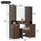 JVNOXK Set Toeletta Moderno da 43,5 Pollici con Specchio e Luce, con Cassetti e Mobiletto in Vetro Trasparente, Include Sgabello e Stazione di Ricarica, Marrone